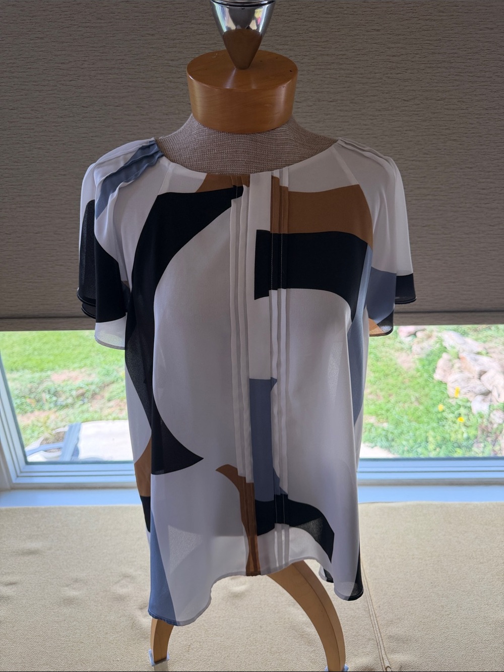 Worthington Abstract Print Chiffon Blouse - White/Black/Tan/Blue